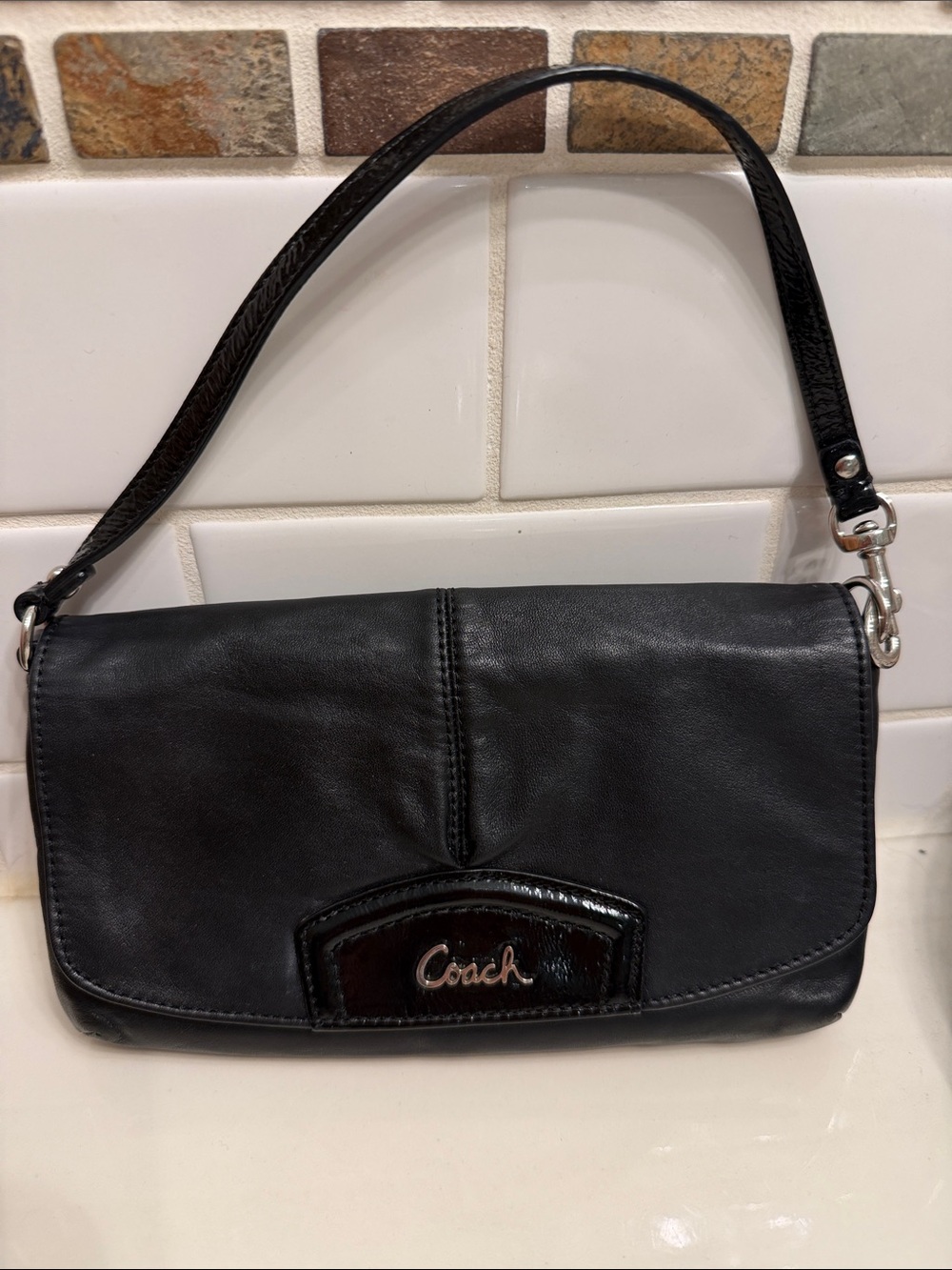 Coach Black Leather Shoulder Clutch with Logo Plaque